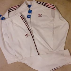Mens L Adidas white w/ red stripe track suit